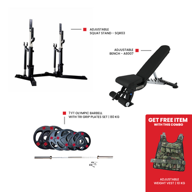Adjustable bench A8007 for home gym workout 7 Ft Olympic Barbell with Tri Grip Plates Set | 50 kg  Adjustable Squat Stand - SQR03